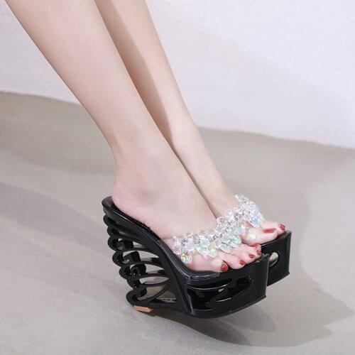 Summer Fashion Sexy Glitter Rhinestone Wedges Slippers 15CM High heeled shoes Open Toe Clear 6 inches Shallow Party Dress Mature