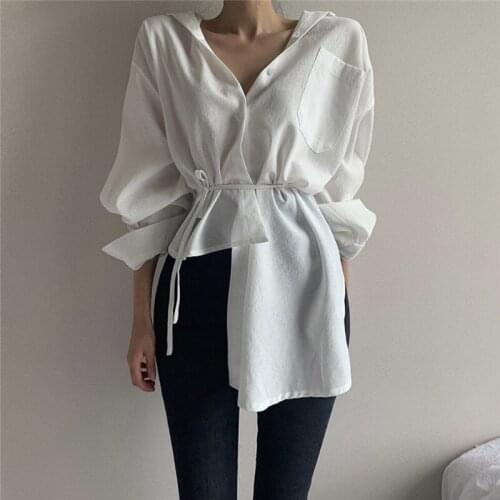 2021 Summer White Shirts For Women Irregular Waisted Long Sleeve Loose Blouses See Through Pockets Single Breasted Tops Ladies