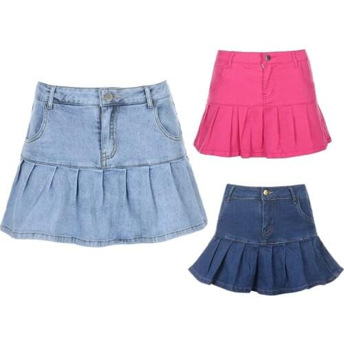 Women Sexy High Waist Pleated Ruffles Mini Denim Skater Skirt Harajuku Solid Color Lolita Summer Slim Swing Streetwear