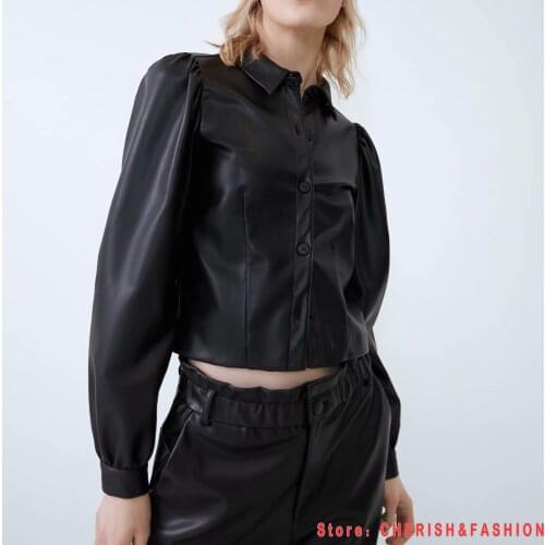 Long Sleeve Women PU Leather Shirt 2021 Autumn Leisure Lady Turn-down Collar Blouse black blouses shirts Tops short casual brand