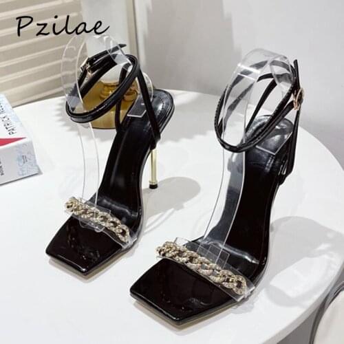 Pzilae 2022 New Summer Woman Shoes Sandals Metal Heel Rhinestone Chain Party Pumps High Heels Ankle Strap Ladies Shoes Black