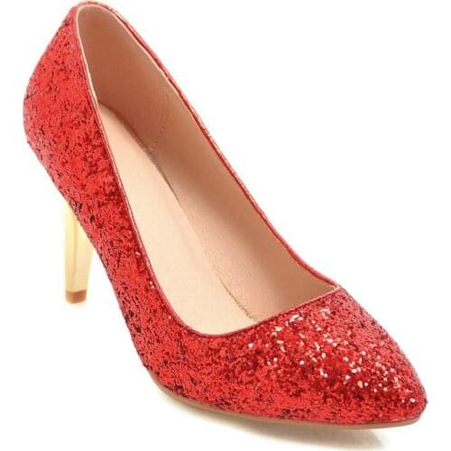 In the spring and autumn one sexy high heel with shallow mouth sequins size code 32 red bride shoes of 1846-43