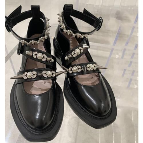 Womens Lolita Ankle Strap Round Toe Rivet Studs Pearls Gothic Punk Pumps Shoes Creepers Belt Buckle Japanese Harajuku New Punk