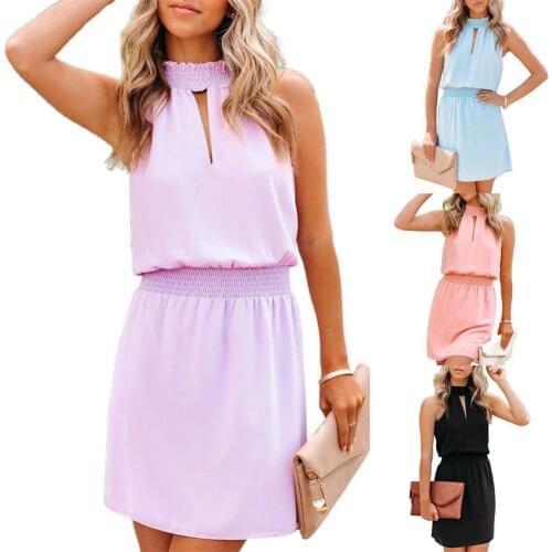 Women Dress Solid Color A-line Summer Strapless Hanging Neck Dress Summer Beach Party Sexy Clubwear Print 2021 Dresses Vestidos