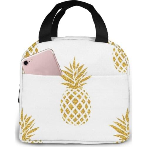 Gold Pineapple Pattern Lunch Bag Portable Insulated Thermal Cooler Bento Lunch Box Tote Picnic Storage Bag Pouch