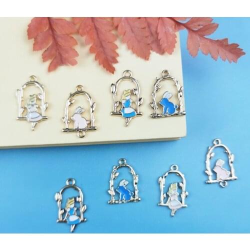 10Pcs Cartoon Alice in Wonderland Alice Girl and Rabbit Enamel Dangle Charms Pendant for Women DIY Handmade Jewelry Accessories
