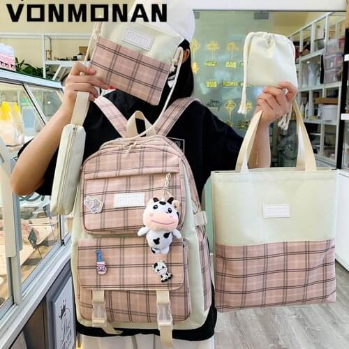 4 Pcs Backpack Purse Canvas School Book Bag for Teenage Girls College Bagpack Pencil Case Kawaii Student Bag Rucksack Handbag