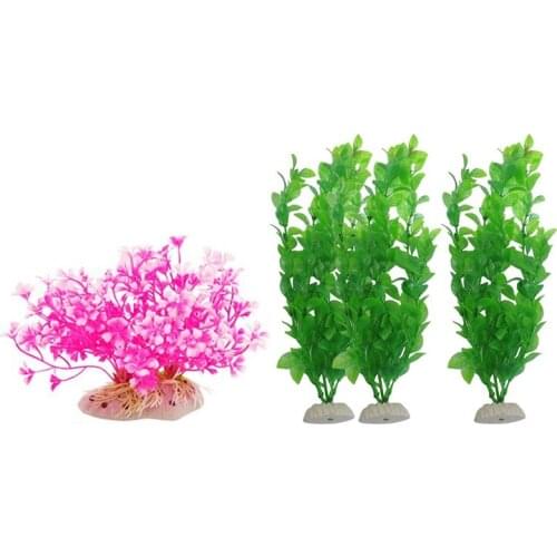 4 Pcs Plastic Artificial Plants for Aquarium Fish Tank - 3 Pcs Green & 1 Pcs Hot Pink White