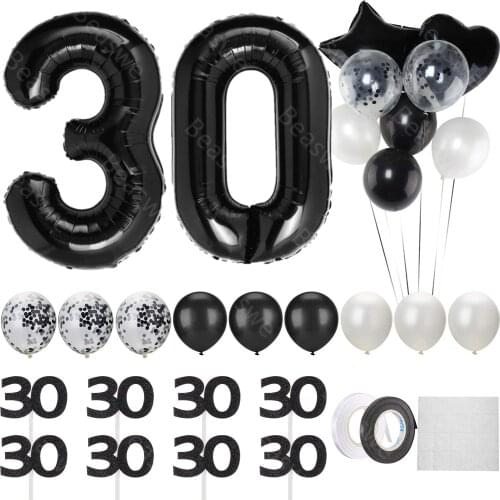 40inch black Jumbo Foil Helium Number 30 Balloons White and Black Balls Set with Black 30 Cupcake Toppers 30th Birthday Party