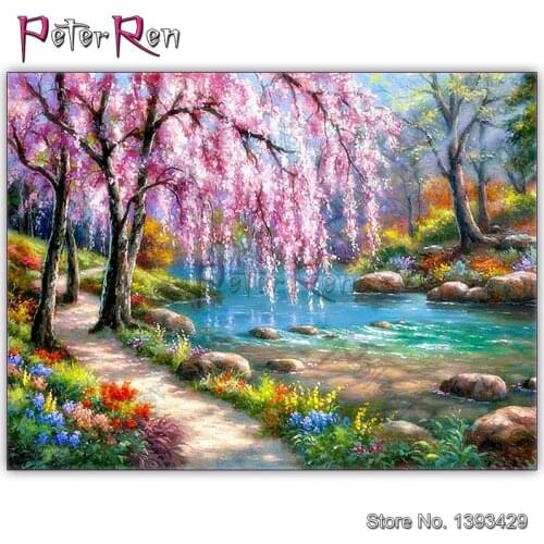 Diamond Painting Landscape Diy Full Diamond Embroidery Scenery Mosaic Picture of-Rhinestone Home Decor Pink Peach Blossom Lake