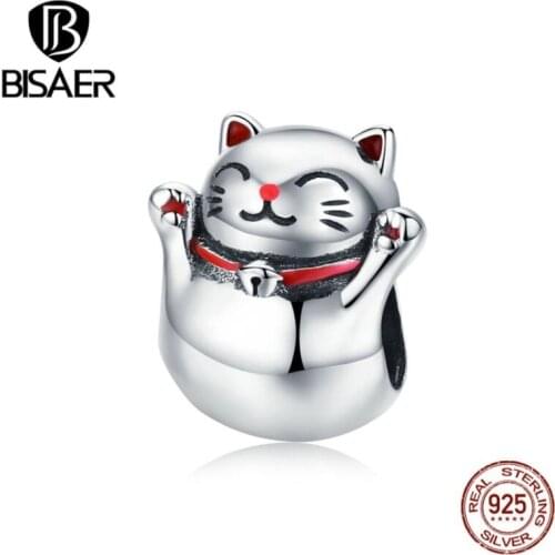 BISAER Cat Beads 925 Sterling Silver Maneki Neko Lucky Plutus Cat Beads Charms fit DIY Bracelets Silver 925 Jewelry ECC1178
