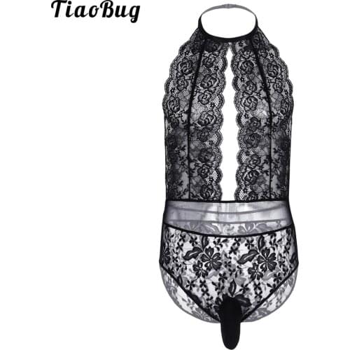 TiaoBug Black Mens One-Piece Floral Lace Crossdress Lingerie Halter Neck Sleeveless Sissy Pouch Bodysuit Nightwear Sleepwear