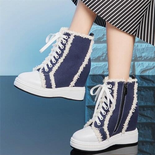 Women Lace Up Genuine Leather Wedges High Heel Vulcanized Shoes Female High Top Canvas Fashion Sneakers Winter Warm Pumps Shoes