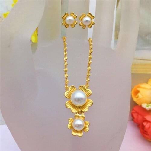 14K GOLD RING WOMENS WEDDING ENGAGEMENT JEWELRY SETS DOUBLE WATER WAVE CHAIN NECKLACE BEADS OLIVE PEARL PENDANT NECKLACE GIFTS