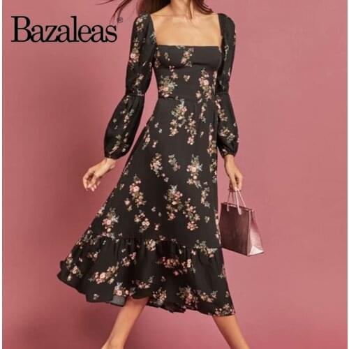 Fashion Long Sleeve Women Dresses Red Floral Print Black Midi Dress France Back Tie Bandage Vestido
