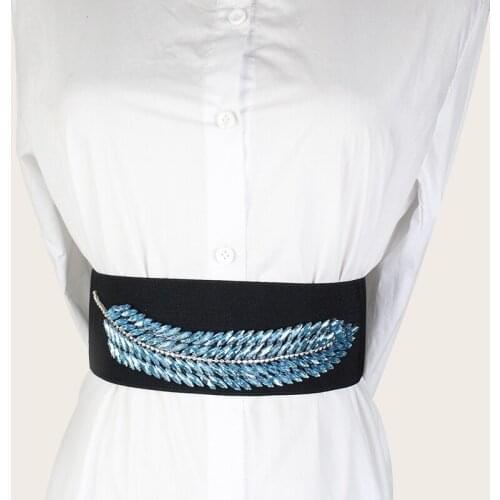 Fashion designer belt womens elastic elastic Rhinestone Belt feather decoration