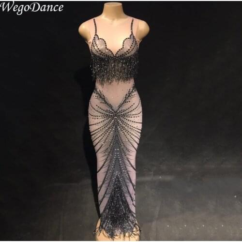 New Black Rhinestone Mesh Perspective Sleeveless Dress Evening Party Wear Dresses Birthday Celebrate Costume See Through Dress