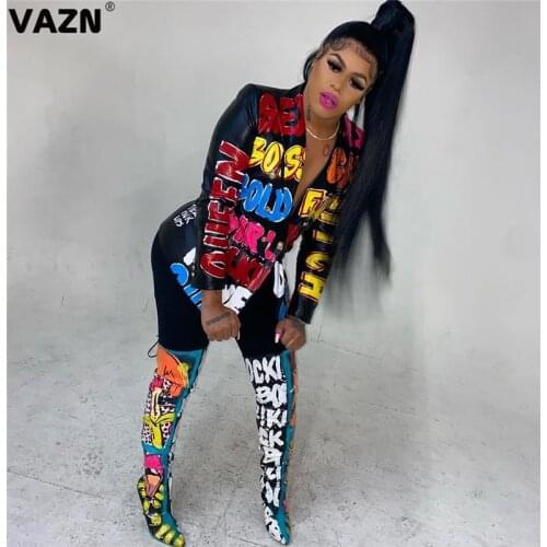 VAZN 2020 Autumn Latest Style High-end Young Sexy Daily Style Letter Black Full Sleeve Women Slim Long Suits Outwears