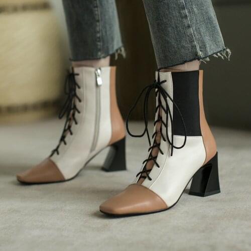 New autumn/winter 2020 Genuine leather Womens boots Fashion boots High heels lace-up cowhide Womens shoes