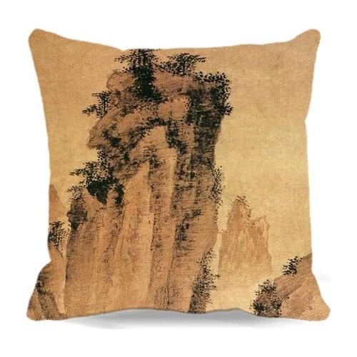 Peak mountain Chinese ancient figure landscape painting Soft Cotton polyester Square Pillow case Chair sofa home car decoration