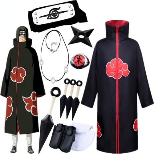 Anime Costume Cosplay Accessories Ninja Comic Manto Akatsuki Cloak Headband Kunai Ring Prop Kid Adult Halloween Party Gift Toys