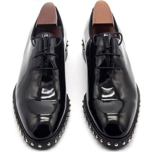 Office Work Mens Nature Leather Formal Shoes Rivet Beading Lace Up Oxfords Patent Leather Male Wedding Party Dress Shoes Black