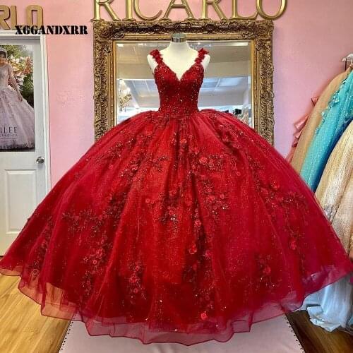 Gorgeous Ball Gown Quinceanera Dress 2022 Tulle Flowers Beading Long Red Sleeveless Sweet 16 Dress Sweep Teain Or Plus Size