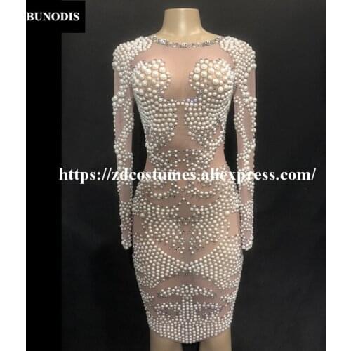 ZD240 Women Sexy Skirt Net Yarn Sparkling Crystals White Pearls Nightclub Party Birthday Bling Clothing Stage Wear Costumes