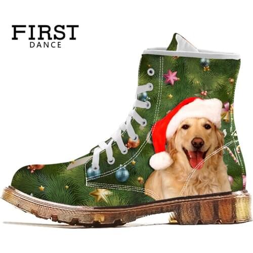 FIRST DANCE Christmas Dog Print Women Martins Shoes Spring Green Fashion Female Shoes Ladies Custom Animal Print Martin Shoes