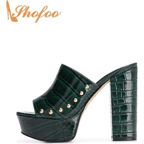Green Croc Platform Women Mules Sandals High Chunky Heels Slip On Ladies New Fashion Rivets Mature Shoes Large Size 13 15 Shofoo