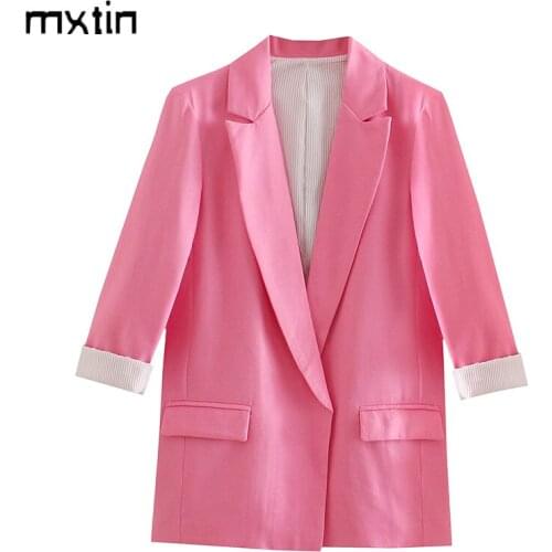 MXTIN 2021 Women Autumn Vintage Solid Pocket Blazers And Jackets Fashion Lapel Collar Long Sleeve Office Lady Female Blazer Coat