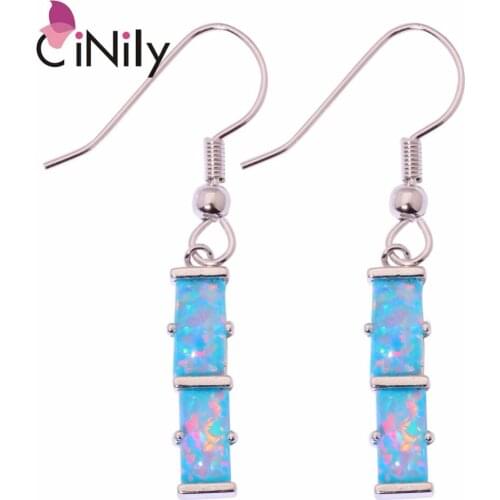 CiNily Created Rainbow Blue Fire Opal Silver Plated Wholesale Hot Sell for Women Jewelry Party Dangle Earrings 1 5/8" OH4256-57
