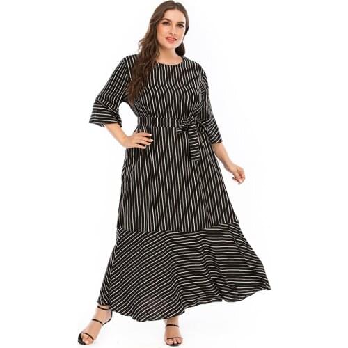 Plus Size Dress Summer Women 2020 Autumn Winter Three Quarter Sleeve Striped Print Casual Long Dress Belted Maxi Dresses