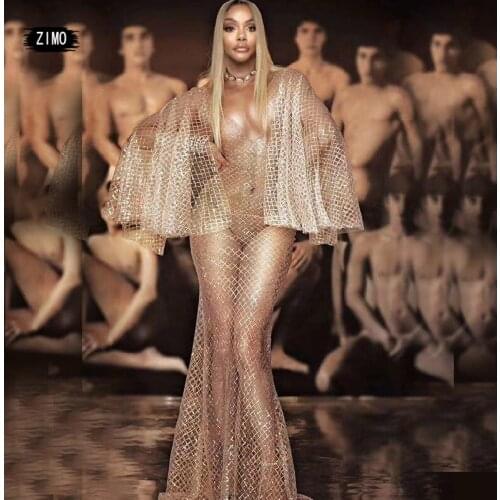 Fashion Shiny Sequins See-through long Dress Women sexy Club Stage Singer Dance Costume Birthday Party Prom Long Dress celebrity