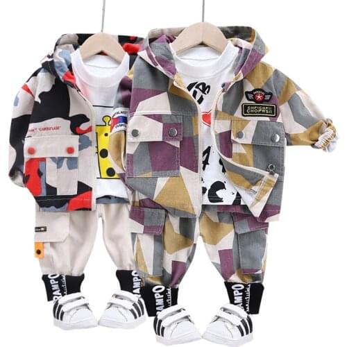 2020 Camouflage Cartoon dinosaur print set Baby boy clothes kids clothes sets Zipper hoodie + long sleeve Tshirt + trousers 3pcs