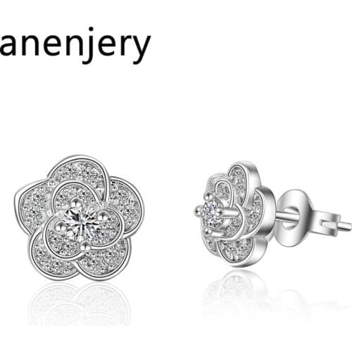 ANENJERY 925 Sterling Silver Simple Mosaic Zircon Flower Earrings For Women Gift S-E843