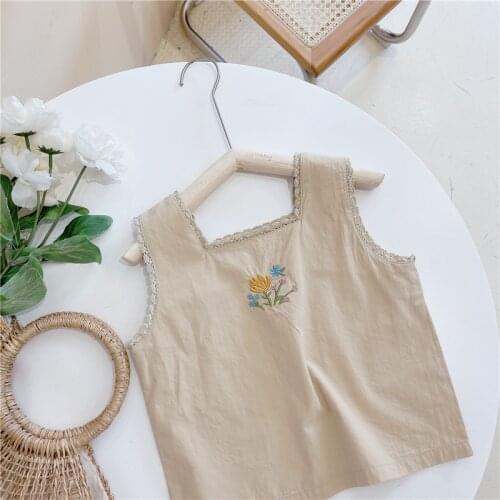 New Summer Baby Girls Sleeveless Blouses Embroidery Floral Tops Korean Style Toddlers Kids Shirts Cotton Vest