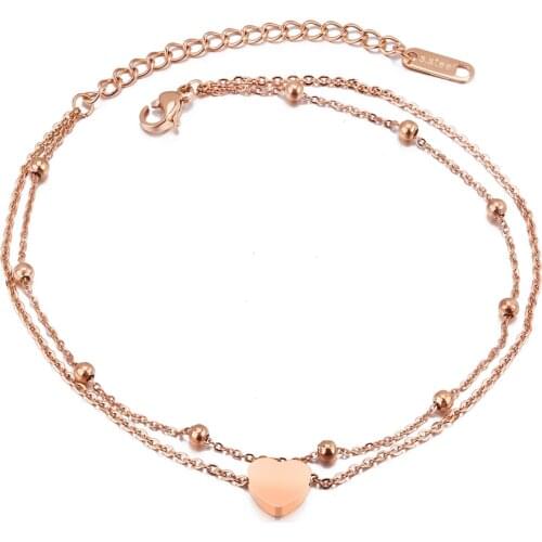 Rose Gold Color Heart Anklet Bracelet Double Foot Chain Mini Balls Anklets for Women Foot Jewelry Ankle Bracelet Birthday Gifts