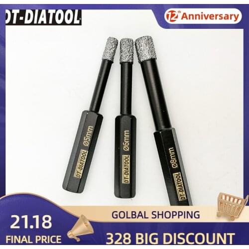 DT-DIATOOL 3pcs/set Dia 5+6+8mm Dry Vacuum Brazed Diamond Drilling Core Bits with Hex Shank Granite Marble Tile Drill Hole Saw