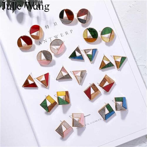 Julie Wang 1 Pair Geometric Puzzle Stud Earrings Multi-color Alloy Acrylic Fashion hollow Summer Women Girl Earrings Jewelry