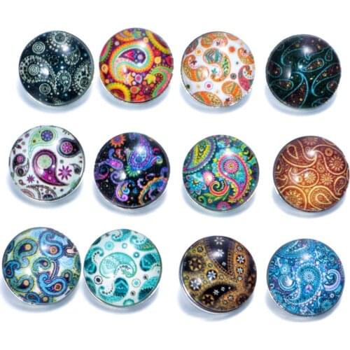 12pcs/lot Beautiful Paisley Pattern Charms 18mm Glass Snap Button For DIY Charms Bracelet 18mm Snaps Jewelry KZ0088