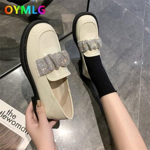Xiaoxiangfeng rhinestone shallow mouth lazy loafers low-heeled womens single shoes 2021 new retro round toe small leather shoes