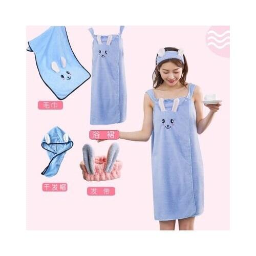 Womens Bath Towel Set With Hair Band Bathrobe Home Textile Cute Rabbit Sling Bath Towel Dress Quick-drying Hair Cap Bathrobe