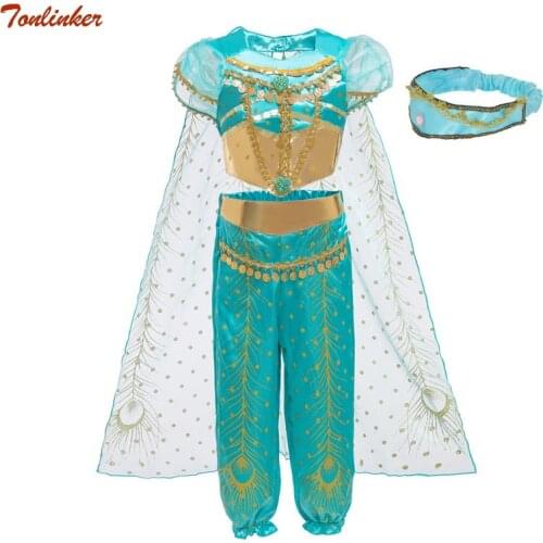 New Halloween Kids Girls Princess Jasmine Costumes Children Party Belly Dance Dresses Indian Costume Birthday Christmas Clothes