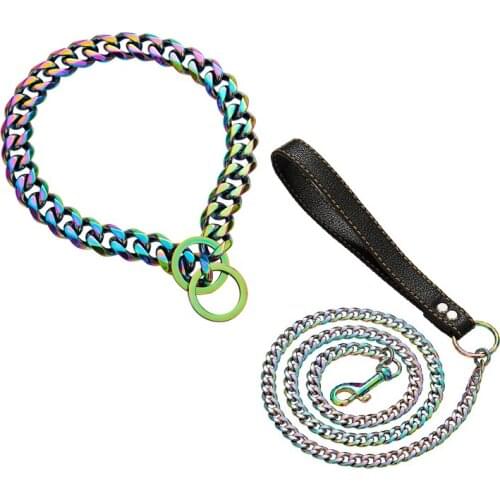 18K Colorful Plated Stainless Steel Dog Collar and Leash Set Choke Chain for Large Dogs Pitbull Rottweiler Pet Stuff Accessories