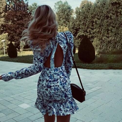 Bclout Chinese Style Floral Print Dresses Elegant Fashion Backless Ruffles Woman Mini Dress Long Sleeve Slim O Neck Clothes