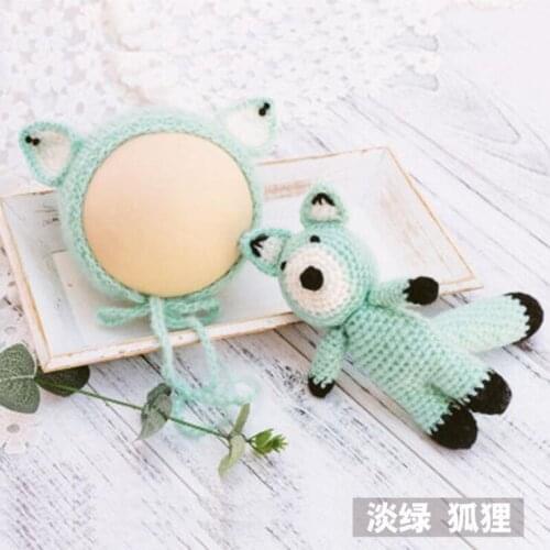 Newborn Photography Props Cartoon Fox Baby Hat Photography Baby Crochet Accessories Handmade Knitted Kids Hat+Fox doll
