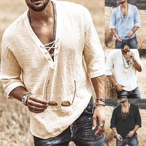 Men Linen Shirt Solid Color Half Sleeve V Neck Hollow Out Chest Bandage T-shirt Blouse Top Casual Oversized Vintage T shirt Tops