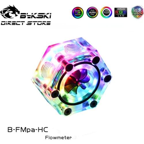 Bykski Hexagon Flowmeter RGB Lighting Water Cooling System Acrylic A-RGB 5V Water Flow Sensor Transperant Cooler B-FMpa-HC
