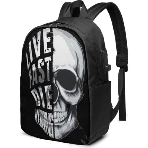 School Bag for Boy and Girl Skull With Live Fast Die Young Backpack with USB Charging Funny Daypack For Teenager Student
